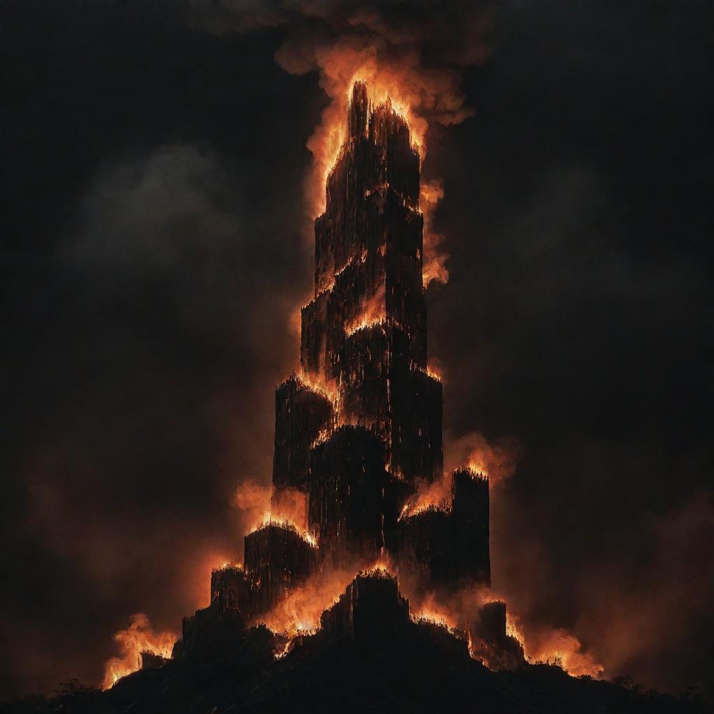 A dark and ominous depiction of a fiery inferno, with towering flames reaching terrifying heights amidst an inky black sky.