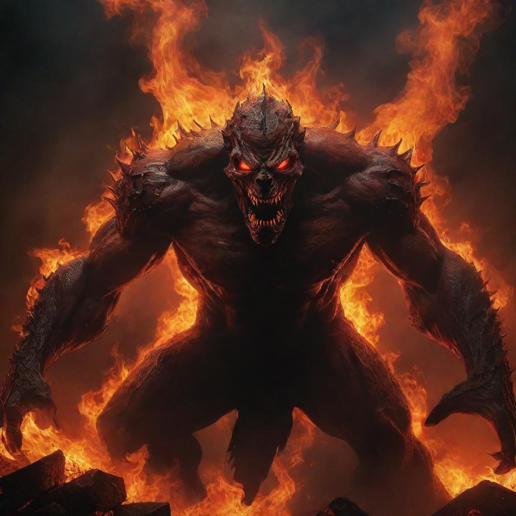 A frightening scene depicting the blazes of hellfire, intense and menacing, with glowing red and orange flames against a dark, shadowy background.