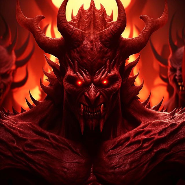 The devil figure is now more frightening with piercing red eyes, sharp teeth, imposing stature, and an aura of sheer terror as he commands his demon army