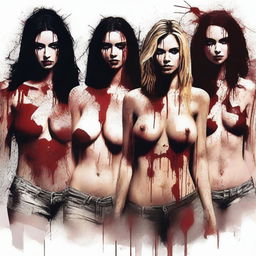 This is a high-quality digital art showcasing a group of attractive women with ripped open tops, slightly bloodied