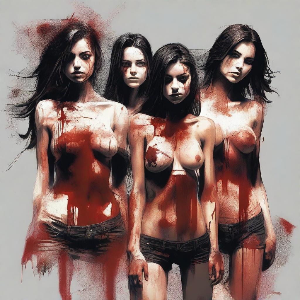 This is a high-quality digital art showcasing a group of attractive women with ripped open tops, slightly bloodied