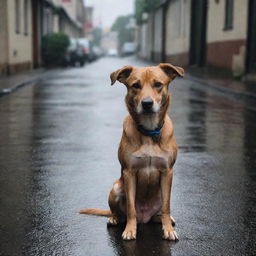 A heart-touching scene of a lost dog in a rainy street, with sorrowful eyes that seem to be filled with tears.