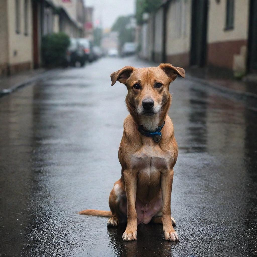 A heart-touching scene of a lost dog in a rainy street, with sorrowful eyes that seem to be filled with tears.