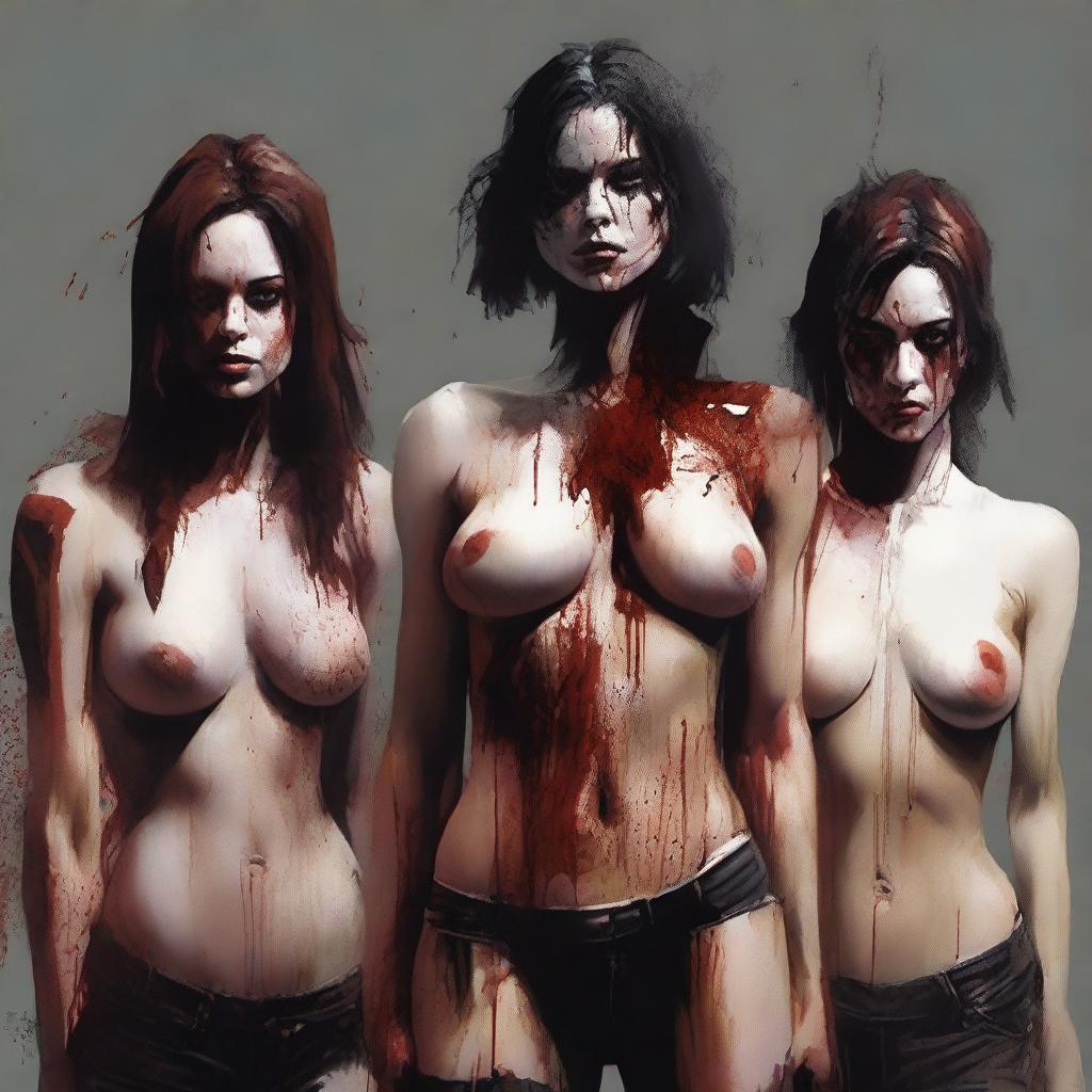 A high-quality digital art piece presents a group of attractive women with ripped tops, slightly bloodied