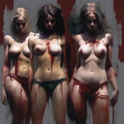 A high-quality digital art piece presents a group of attractive women with ripped tops, slightly bloodied