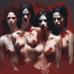 A high-quality digital art piece presents a group of attractive women with ripped tops, slightly bloodied