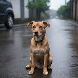 A heart-touching scene of a lost dog in a rainy street, with sorrowful eyes that seem to be filled with tears.