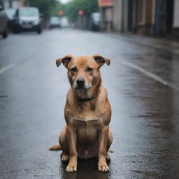 A heart-touching scene of a lost dog in a rainy street, with sorrowful eyes that seem to be filled with tears.