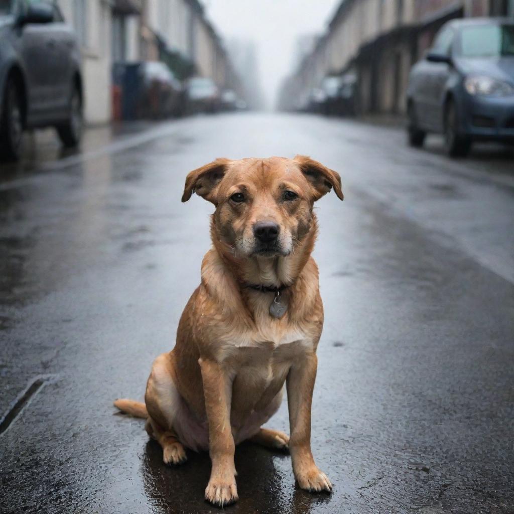 A heart-touching scene of a lost dog in a rainy street, with sorrowful eyes that seem to be filled with tears.