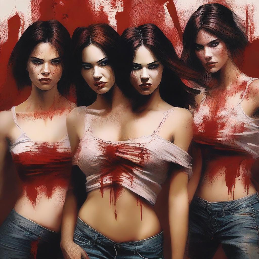 A high-quality digital art piece depicts a group of attractive women with ripped shirts, slightly bloodied