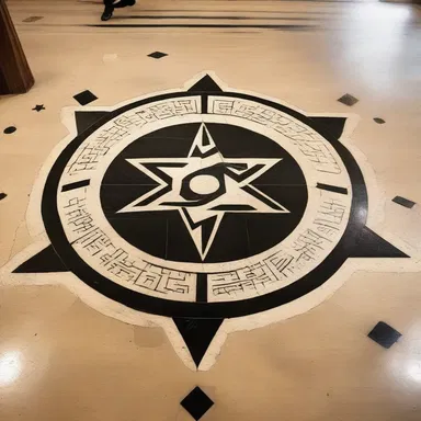 The tetragram symbol was incorporated into the floor design of the modernist building.