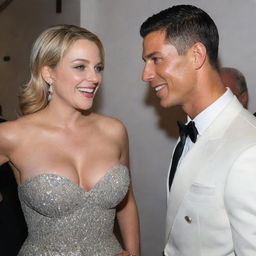 Imaginary encounter between Alexis Texas and Cristiano Ronaldo during a glamorous event, both of them smiling and engaged in a friendly chat, dressed in elegant attire.