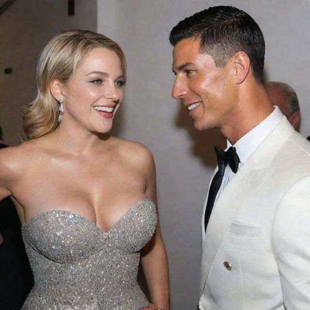 Imaginary encounter between Alexis Texas and Cristiano Ronaldo during a glamorous event, both of them smiling and engaged in a friendly chat, dressed in elegant attire.