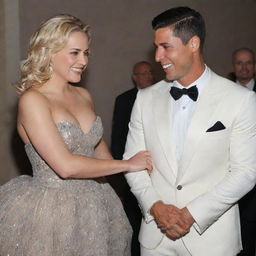 Imaginary encounter between Alexis Texas and Cristiano Ronaldo during a glamorous event, both of them smiling and engaged in a friendly chat, dressed in elegant attire.