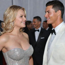 Imaginary encounter between Alexis Texas and Cristiano Ronaldo during a glamorous event, both of them smiling and engaged in a friendly chat, dressed in elegant attire.