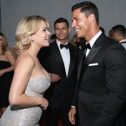 Imaginary encounter between Alexis Texas and Cristiano Ronaldo during a glamorous event, both of them smiling and engaged in a friendly chat, dressed in elegant attire.