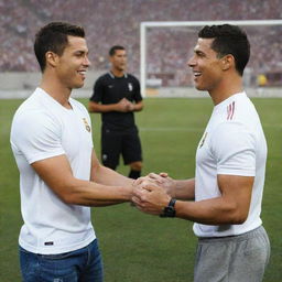 A surreal image where Alexis Texas and Cristiano Ronaldo exchange friendly words in a casual, upbeat gathering, symbolizing their distinctive professions.