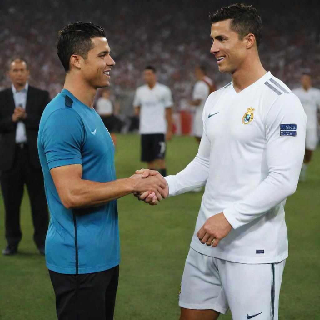 A surreal image where Alexis Texas and Cristiano Ronaldo exchange friendly words in a casual, upbeat gathering, symbolizing their distinctive professions.