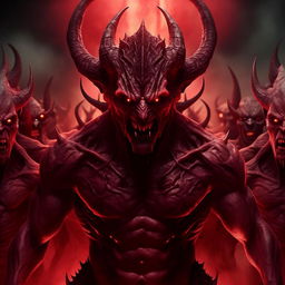 The devil figure is now more frightening with piercing red eyes, sharp teeth, imposing stature, and an aura of sheer terror as he commands his demon army