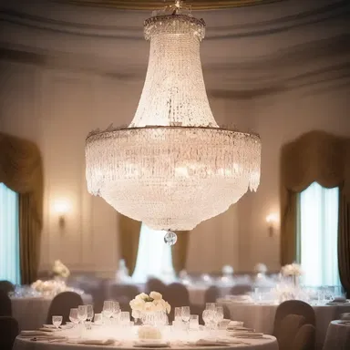 The grand chandelier in the ballroom added a touch of opulence with its twinkling crystal pendants.