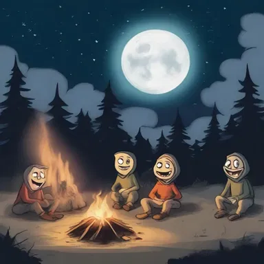 As the moon disappeared behind the clouds, their cheerful campfire turned into a scene of twinkling horror as eerie eyes emerged from the darkness.