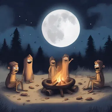 As the moon disappeared behind the clouds, their cheerful campfire turned into a scene of twinkling horror as eerie eyes emerged from the darkness.