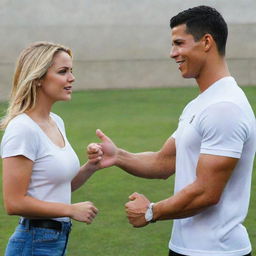 A surreal image where Alexis Texas and Cristiano Ronaldo exchange friendly words in a casual, upbeat gathering, symbolizing their distinctive professions.