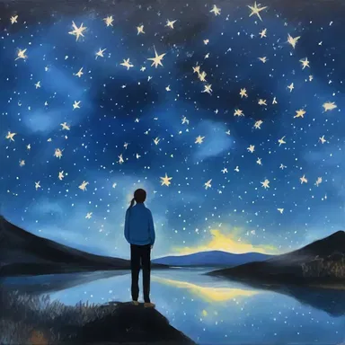 The artist skillfully captured the beauty of the night sky with a painting featuring twinkling stars scattered across a deep blue canvas.