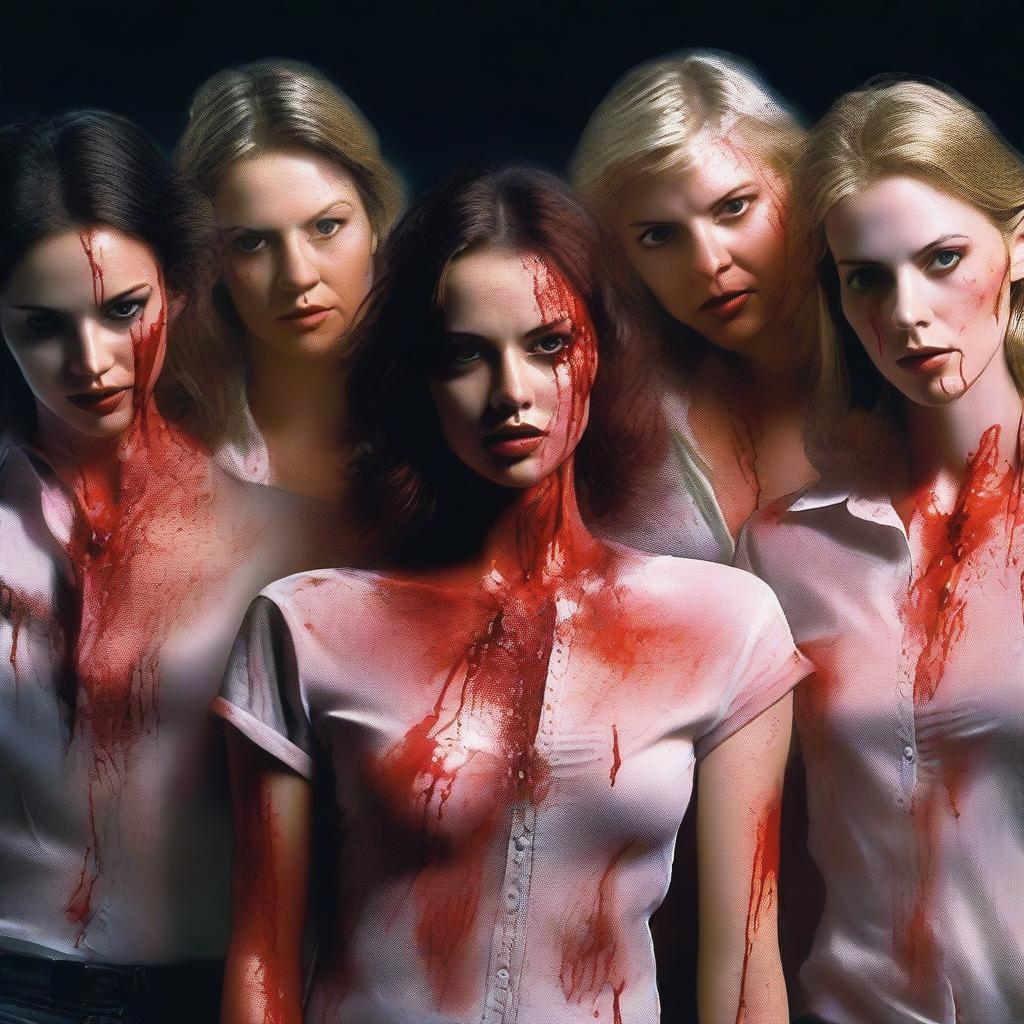 This digital art image of the highest quality features a group of attractive women in see-through shirts, slightly bloody