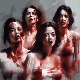 This digital art image of the highest quality features a group of attractive women in see-through shirts, slightly bloody