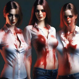 This digital art image of the highest quality features a group of attractive women in see-through shirts, slightly bloody