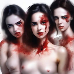 A high-quality digital art image showcases a group of attractive women in transparent tops, slightly bloody