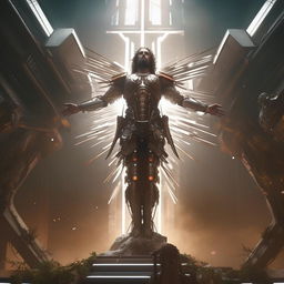 Cinematic shot of Jesus, the princely figure in flamboyant mecha exoskeleton, on a futuristic cross, surrounded by the ethereal presence of the Holy Spirit. Scene filled with awe-inspiring majesty and powerful aura.