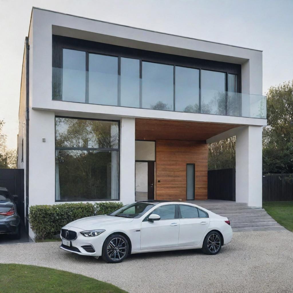 Generate an image of a car parked in front of a modern house