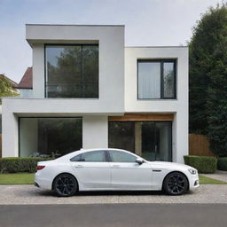 Generate an image of a car parked in front of a modern house