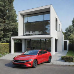 Generate an image of a car parked in front of a modern house