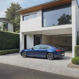 Generate an image of a car parked in front of a modern house