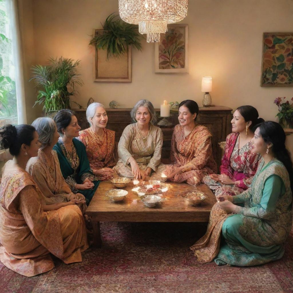 A serene gathering of diverse women from different cultures, sharing stories and experiences in a beautifully decorated setting.