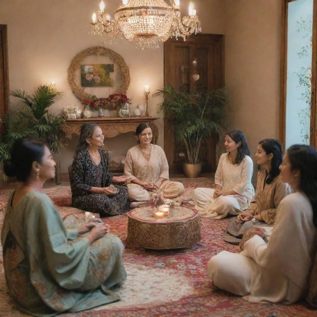 A serene gathering of diverse women from different cultures, sharing stories and experiences in a beautifully decorated setting.