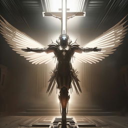 Cinematic shot of Jesus, the princely figure in flamboyant mecha exoskeleton, on a futuristic cross, surrounded by the ethereal presence of the Holy Spirit. Scene filled with awe-inspiring majesty and powerful aura.