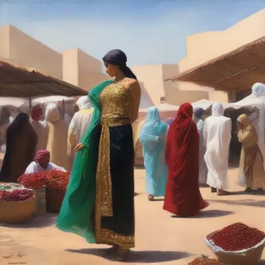 The painting showcased a beautiful scene at a Middle Eastern market, with a dancer in the foreground adorned with zills.