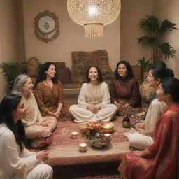 A serene gathering of diverse women from different cultures, sharing stories and experiences in a beautifully decorated setting.