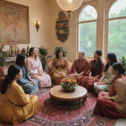 A serene gathering of diverse women from different cultures, sharing stories and experiences in a beautifully decorated setting.