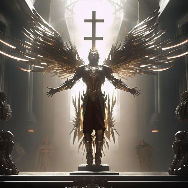 Cinematic shot of Jesus, the princely figure in flamboyant mecha exoskeleton, on a futuristic cross, surrounded by the ethereal presence of the Holy Spirit. Scene filled with awe-inspiring majesty and powerful aura.