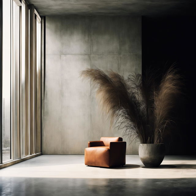 A minimalist concrete room with polished surfaces and a single elegant chair. A pot plant with pampas grass adds a touch of nature.