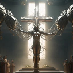 Cinematic shot of Jesus, the princely figure in flamboyant mecha exoskeleton, on a futuristic cross, surrounded by the ethereal presence of the Holy Spirit. Scene filled with awe-inspiring majesty and powerful aura.