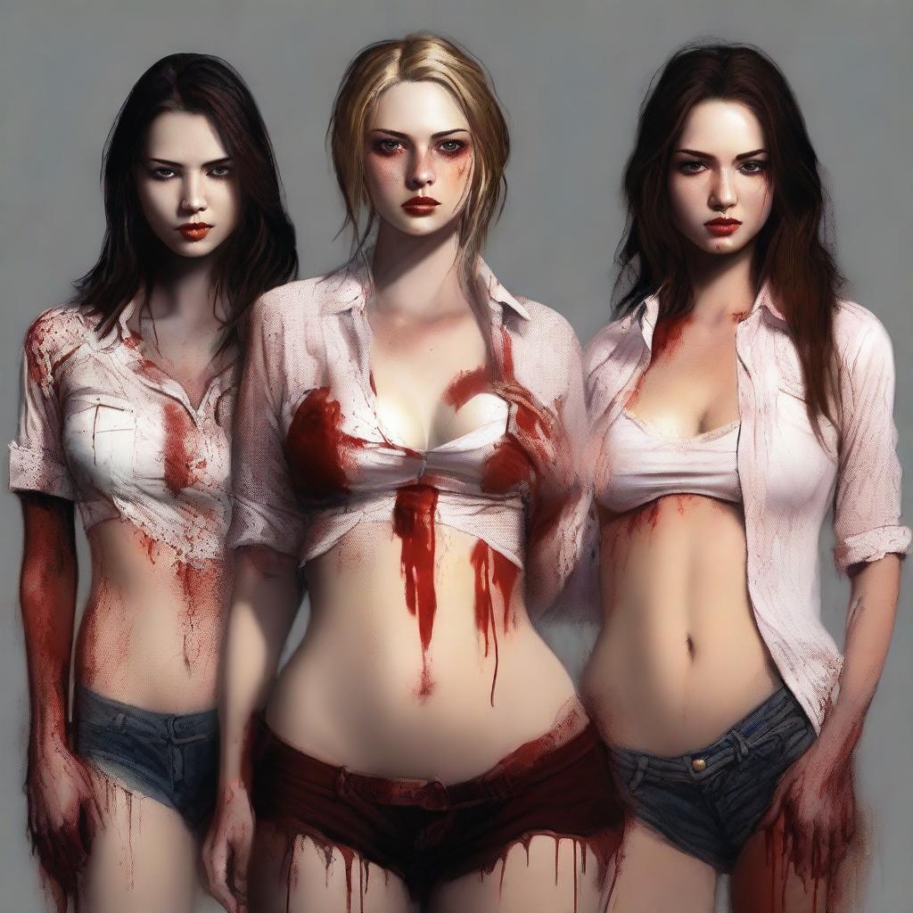 A high-quality digital art image portrays an attractive group of women with slightly open shirts, subtly bloody