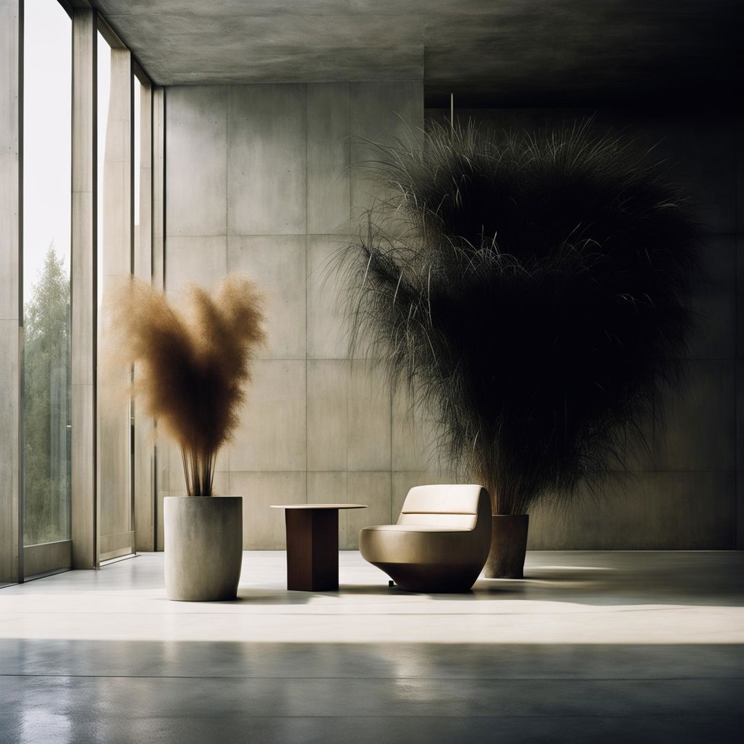 A modern concrete room filled with light from large windows, featuring a polished concrete floor, a beautiful chair, and a pot plant with pampas grass.