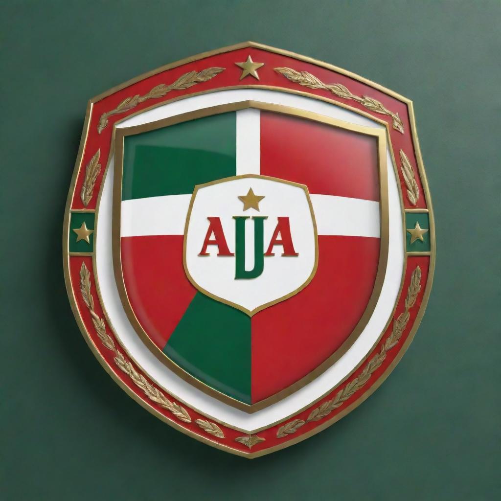 An intricately designed football club emblem shield featuring the colors red, gold, white, and green.