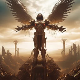 Epic cinematic shot of triumphant Jesus, in a majestic mecha exoskeleton, standing victoriously over Satan. He is surrounded by the holy spirit, emerging from a stylish futuristic cross, showcasing unequivocal victory.